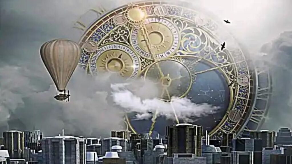 Como Gerenciar o seu Tempo. Na imagem vários prédios, no céu um relógio vazado, analógico, com ponteiros dourados em meio as nuvens, na sua frente, em pleno voo, um balão dirigível.