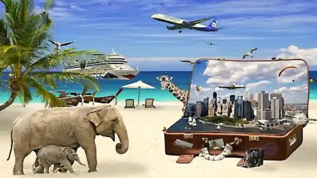 Como Melhorar a sua Memória? Na imagem ao fundo, um mar lindo e verde, um navio de passageiros atracado, um avião sobrevoando o mar, na praia de areia branca com 3 canoas paradas, próximo várias gaivotas voando, na areia caminham dois elefantes, uma mãe e um filhote, a frente uma mala aberta com uma foto grande de cidade de Nova York, atrás da mala uma girafa.