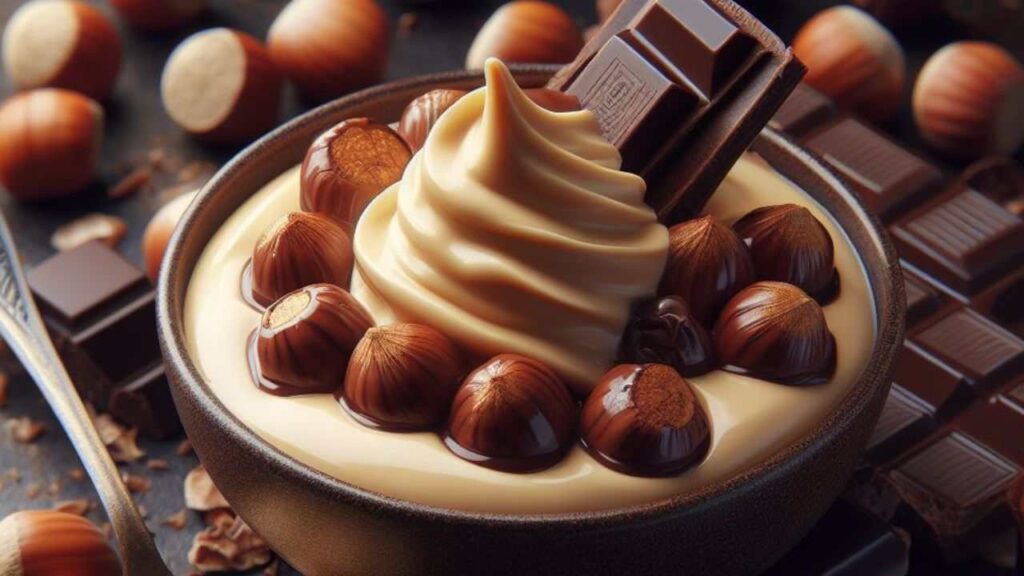 Uma tigela de barro queimado com creme de avelã e chocolate, um pedaço de chocolate e avelãs por cima, sobre uma messa, ao lado de pedaços de chocolate e avelãs ainda com casca.