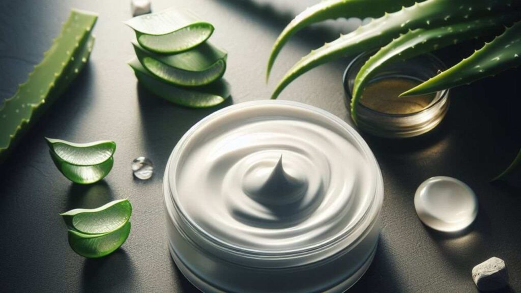 Um pote com um creme a base de aloe vera, sobre uma mesa ao lado de várias folhas de babosa ainda com a casca e os espinhos e um pedaços menores.
