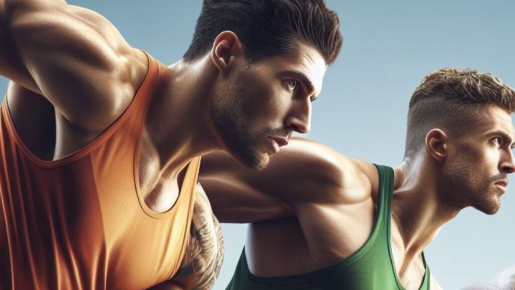 Ozonioterapia: Complementar ao Tratamento de Saúde. Na imagem dois atletas de alta performance na modalidade corrida, na pista de corrida, na hora da largada, devidamente vestidos com roupas de esporte.