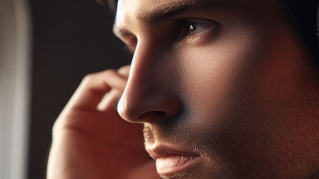 Como o Cérebro Lida com Surpresas? Na imagem, um rapaz de olhos verdes, seu rosto está apoiado na sua mão direita, ele está pensando como resolver um problema que surgiu inesperadamente.