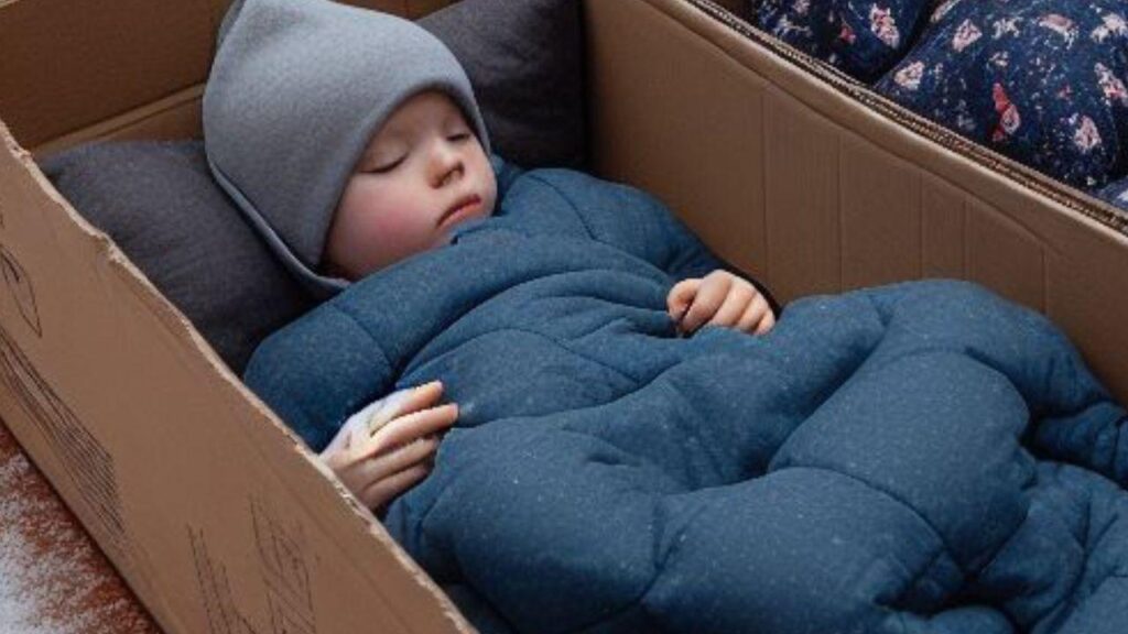 Crianças Ricas Dormem em Caixas de Papelão. Na imagem, uma criança pequena, dormindo em uma caixa de papelão, com travesseiro e um edredom, ela está usando um gorro.