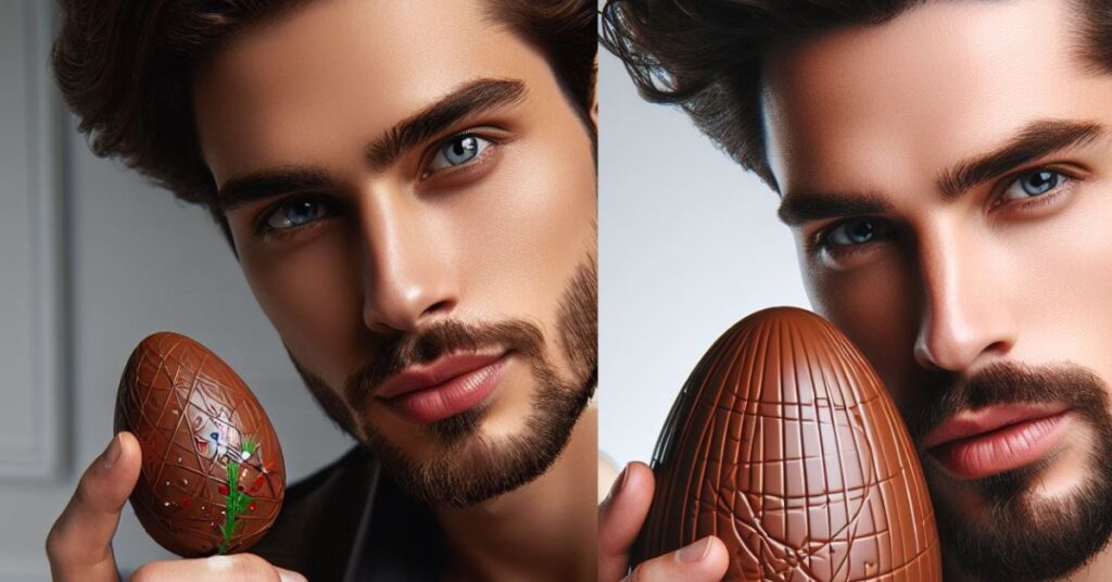 Ovo de Páscoa Como Fazer: Receita Caseira, Fácil e Saudável. Na imagem duas fotos, cada uma com um belo rapaz segurando um ovo de páscoa com a mão direita, o primeiro tem um ovo pequeno e o outro um ovo grande.