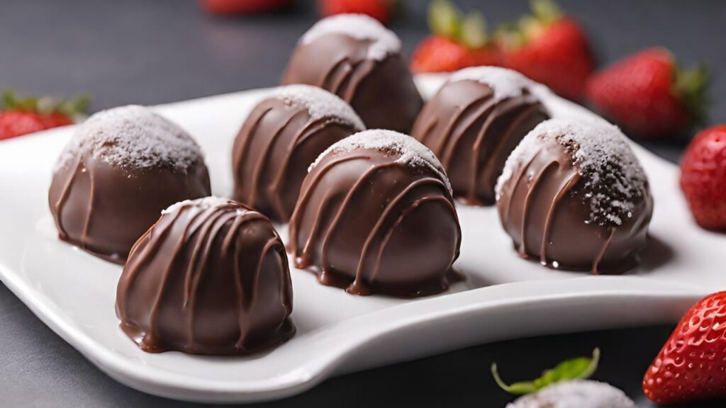 Trufas Fit Com Apenas 4 Ingredientes. Na imagem um prato de louça branca, no formato quadrado com umas trufas saborosas e ao redor uns morangos naturais maduros.